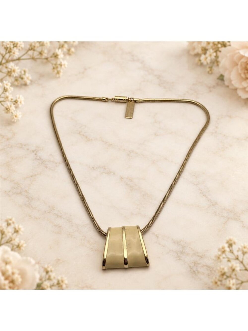 Cream Enamel Modernist Pendant Necklace Anne Klein For Accessocraft Vintage